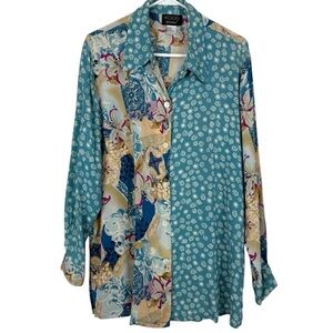 100% Silk Koos of Course! Patchwork Print Button Front Shirt – Size 1X